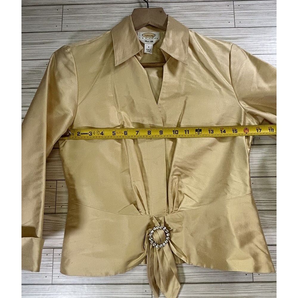 Talbot's Women's Gold Champagne Shantung Silk Blouse Tie Front Sz 4 Side Zip - Picture 8 of 10
